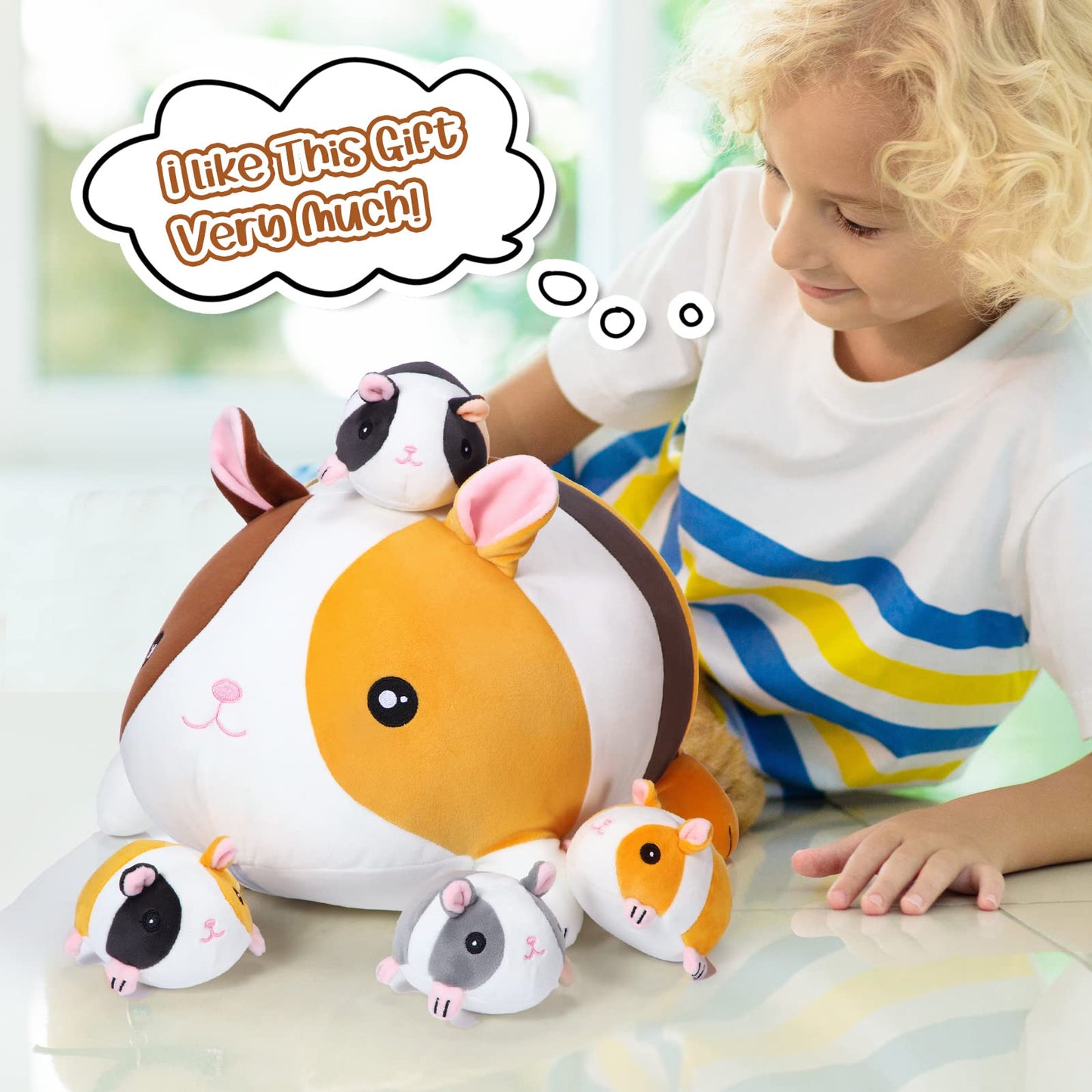 Threan 5 Pieces Guinea Pig Stuffed Animals 14 Inch Mommy Guinea Pig Plush With 4 Cute Baby Soft Toy Set Birthday Gift For Friends Boys Girls Party Supplies