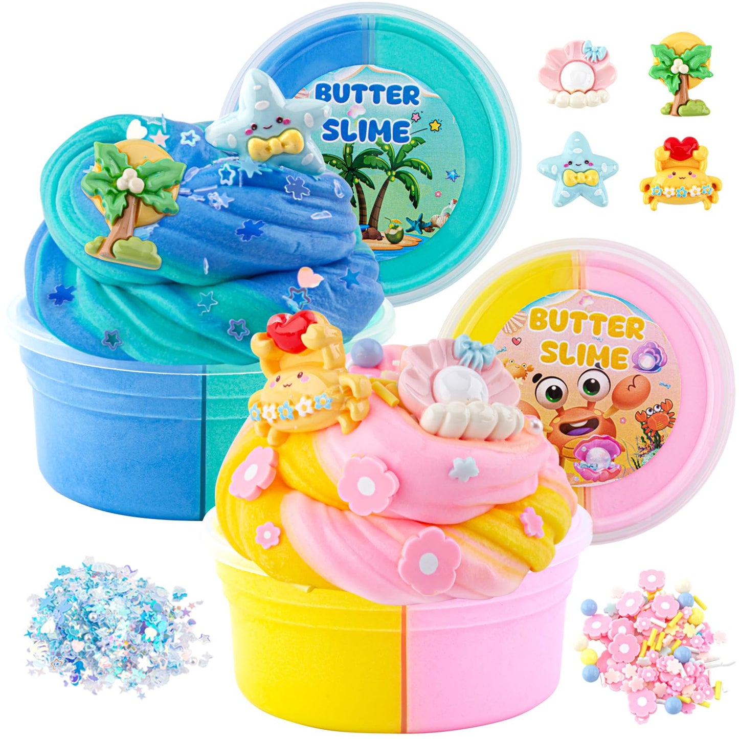 Lawoho Butter Slime Kit Includes 2X120Ml Two-Toned Butter Slime With 6 Packs Add-Ins, Slime For Kids Party Favors, Non Stick Kids Slime Kit For Girls Boys Birthday Easter Christmas Ages 8-12(Ocean)