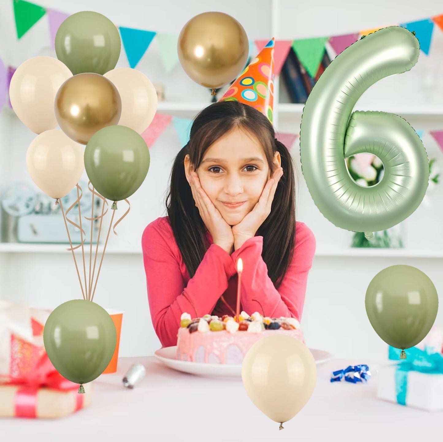 40 Inch Sage Green Number 6 Balloon, Olive Green 6Th Birthday Balloons, Retro Sand White Avocado Green Gold Latex Balloons Giant