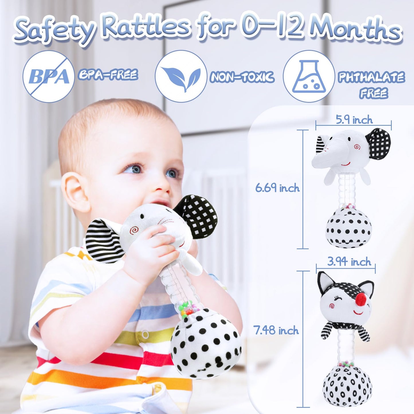 Fpvera Baby Soft Rattles Shaker: Infant Developmental Hand Grip Baby Toys, High Contrast Black And White Newborn Sensory Toys Rattle Toy 0 3 6 9 12 Months For Babies Boys Girls Shower Gift, 2Pcs