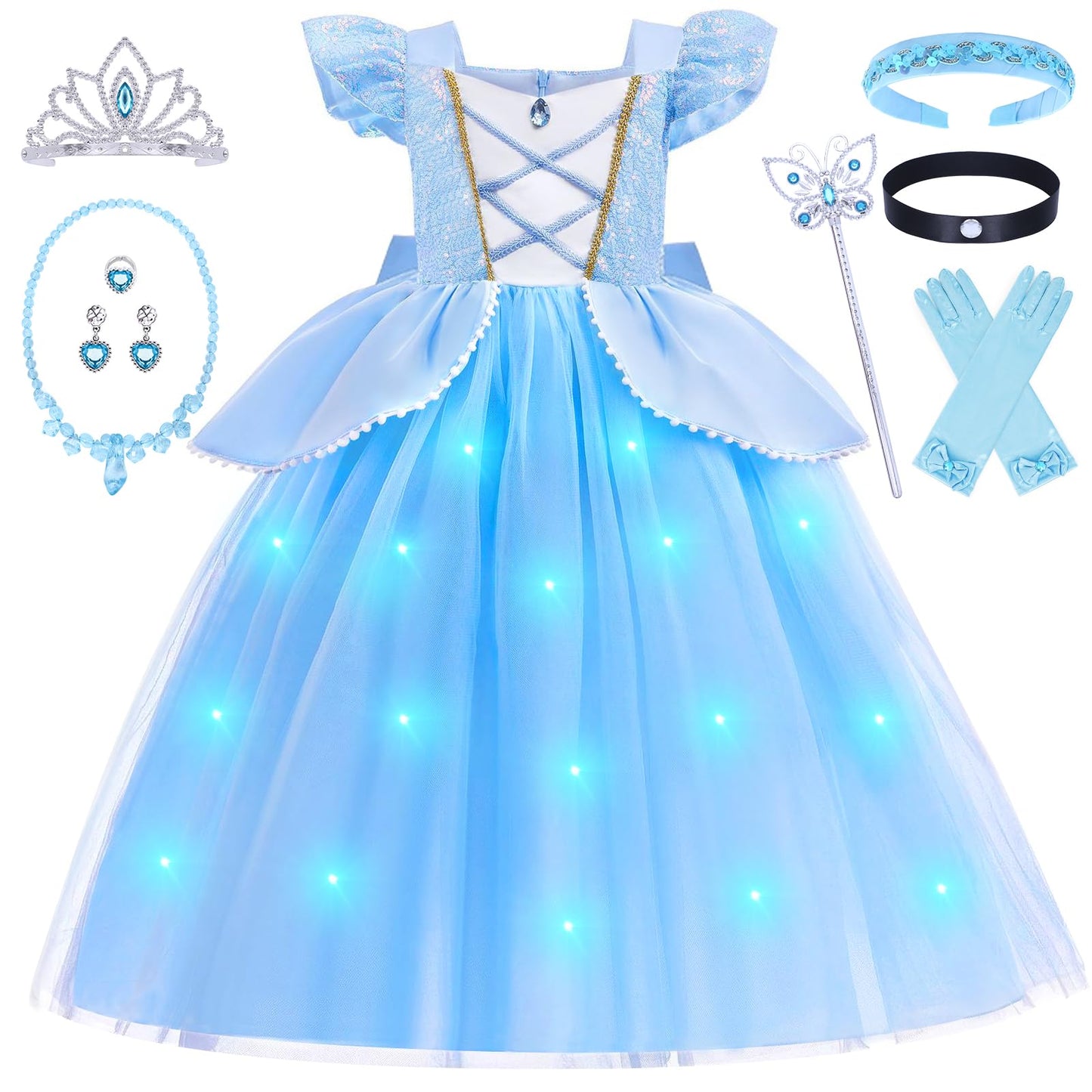 G.C Cinderella Dress Costume For Girls Toddlers Light Up Princess Dress With Crown Wand Earrings Necklace Gloves Toy Accessories