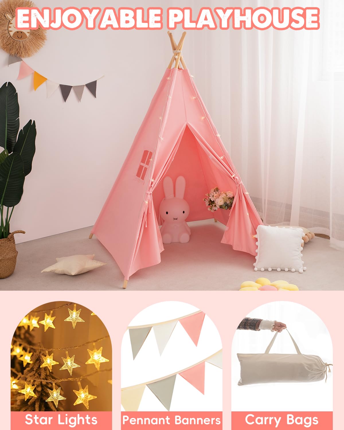 Xiaowantong Kids Teepee Tent With Lights & Carry Bag, Natural Cotton Canvas Toddler Play Tent For Girls & Boys, Washable Foldable Indoor/Outdoor Teepee