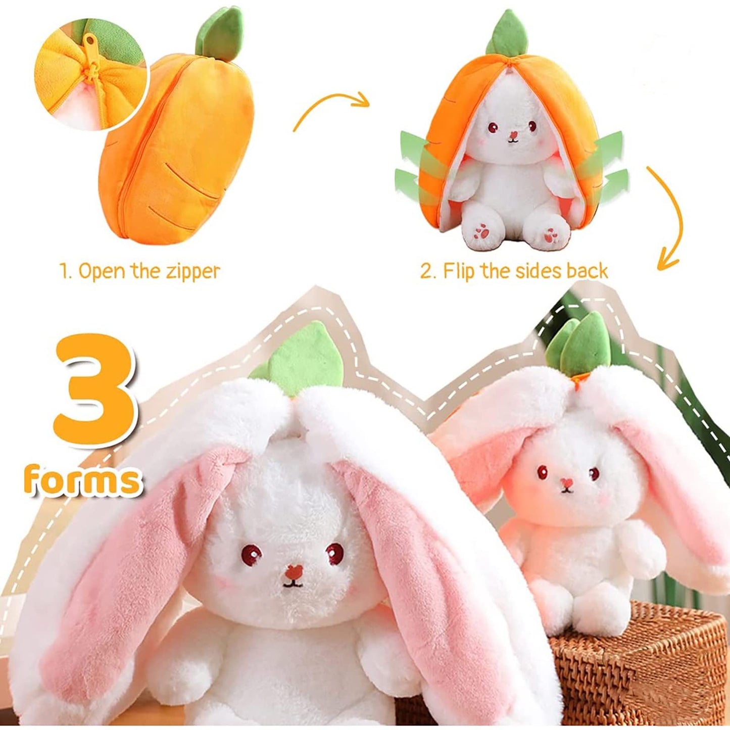 Mukorolee 2Pcs Reversible Carrot Strawberry Bunny Plush With Zipper, Easter Bunny Stuffed Animal Toy, Cute Rabbit Plushie Birthd