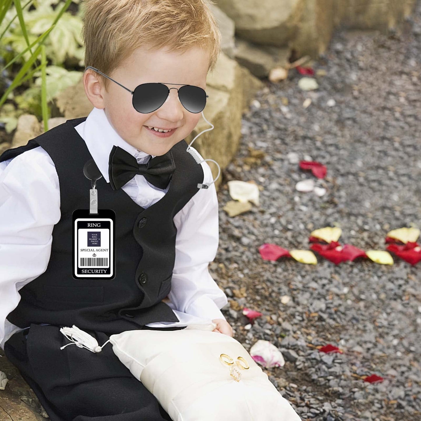 DONSAJI Ring Security Wedding Ring Bearer Gift Set - Bow Tie, Sunglasses, Earpiece, Card for Kids Spy Cosplay Toys (2pcs)