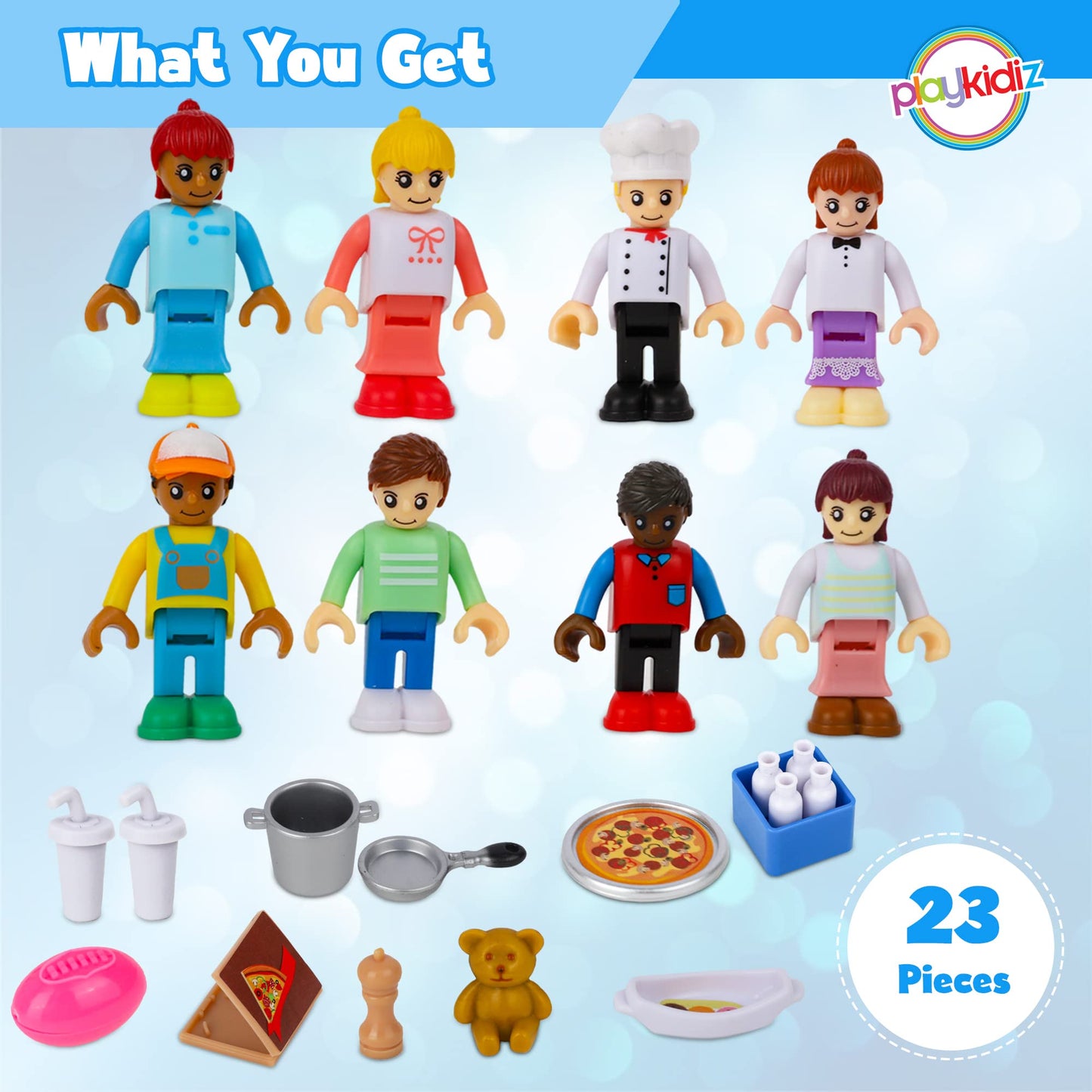Playkidiz 8 Toy Figures & Playsets, 2 Inch Play Peoples Set, Early Development Family Figurines For Kids, Pretend Play Toys For Children 3+ (23Pcs)
