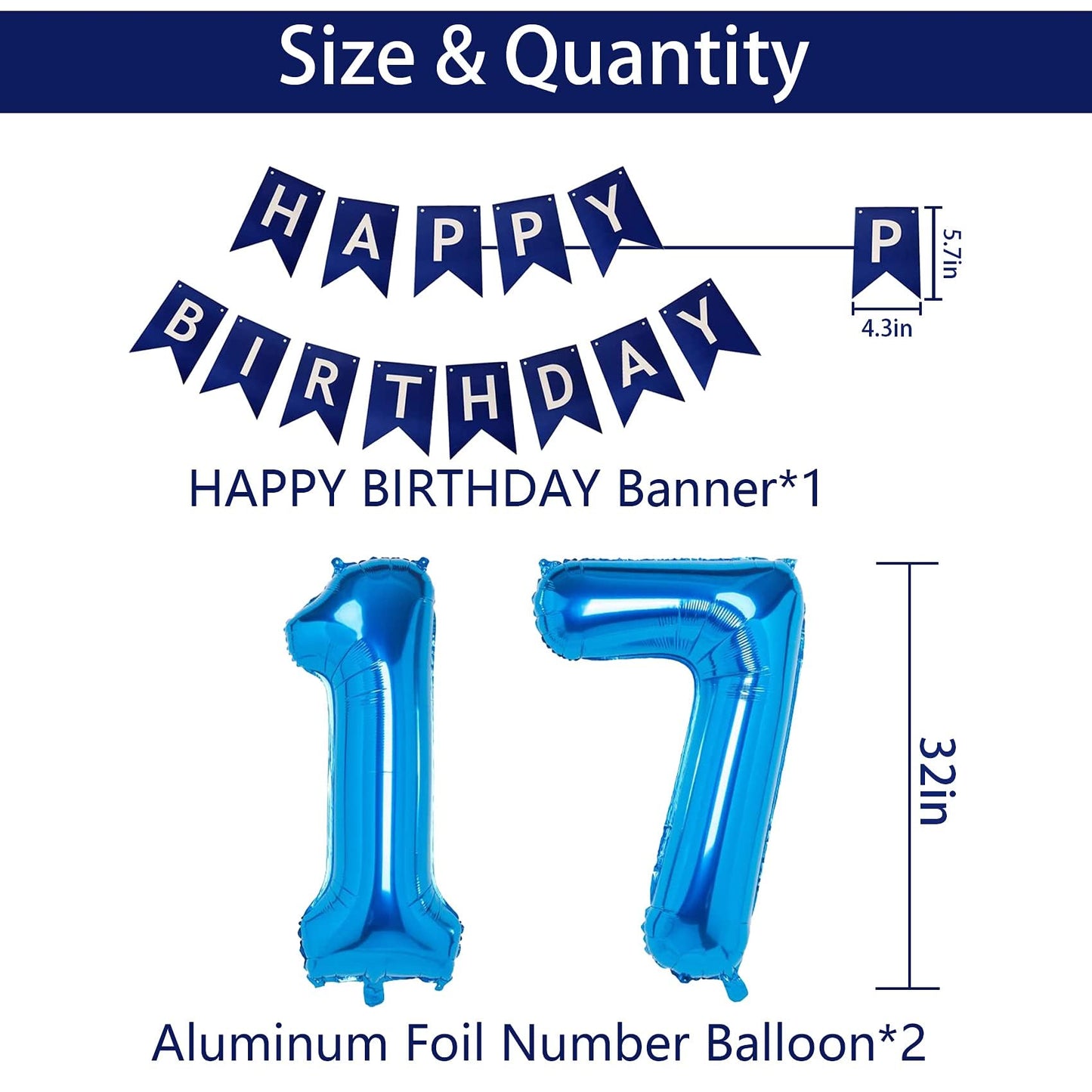 Naninuneno 17Th Blue Birthday Party Decorations For Boy Girl Men Women, Happy 17 Birthday Balloons Supplies With Happy Birthday