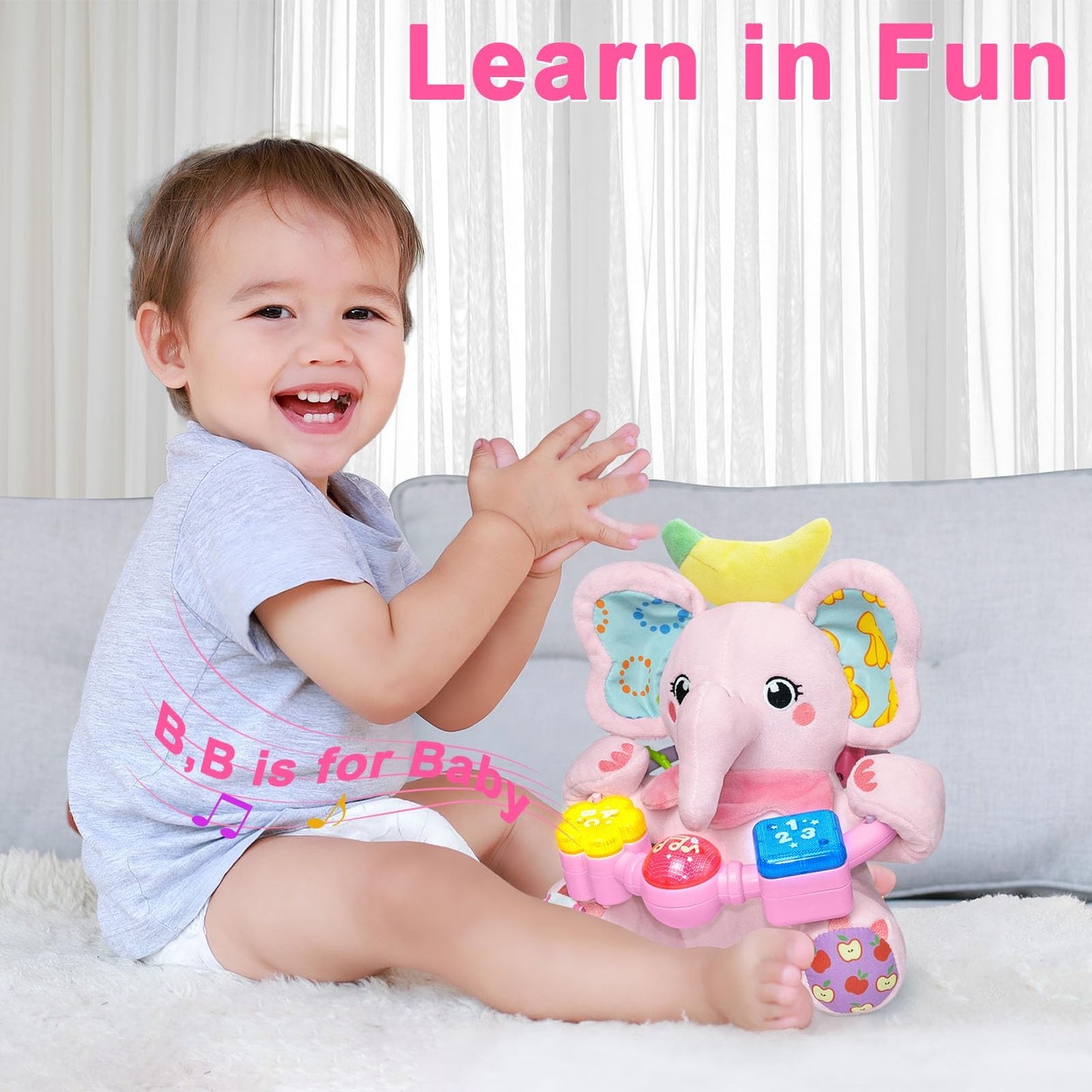 Holaxander Baby Elephant Musical Stuffed Animals Toy With Light-Up Music & Crinkle Sound Paper,Infant Bilingual Early Learning E