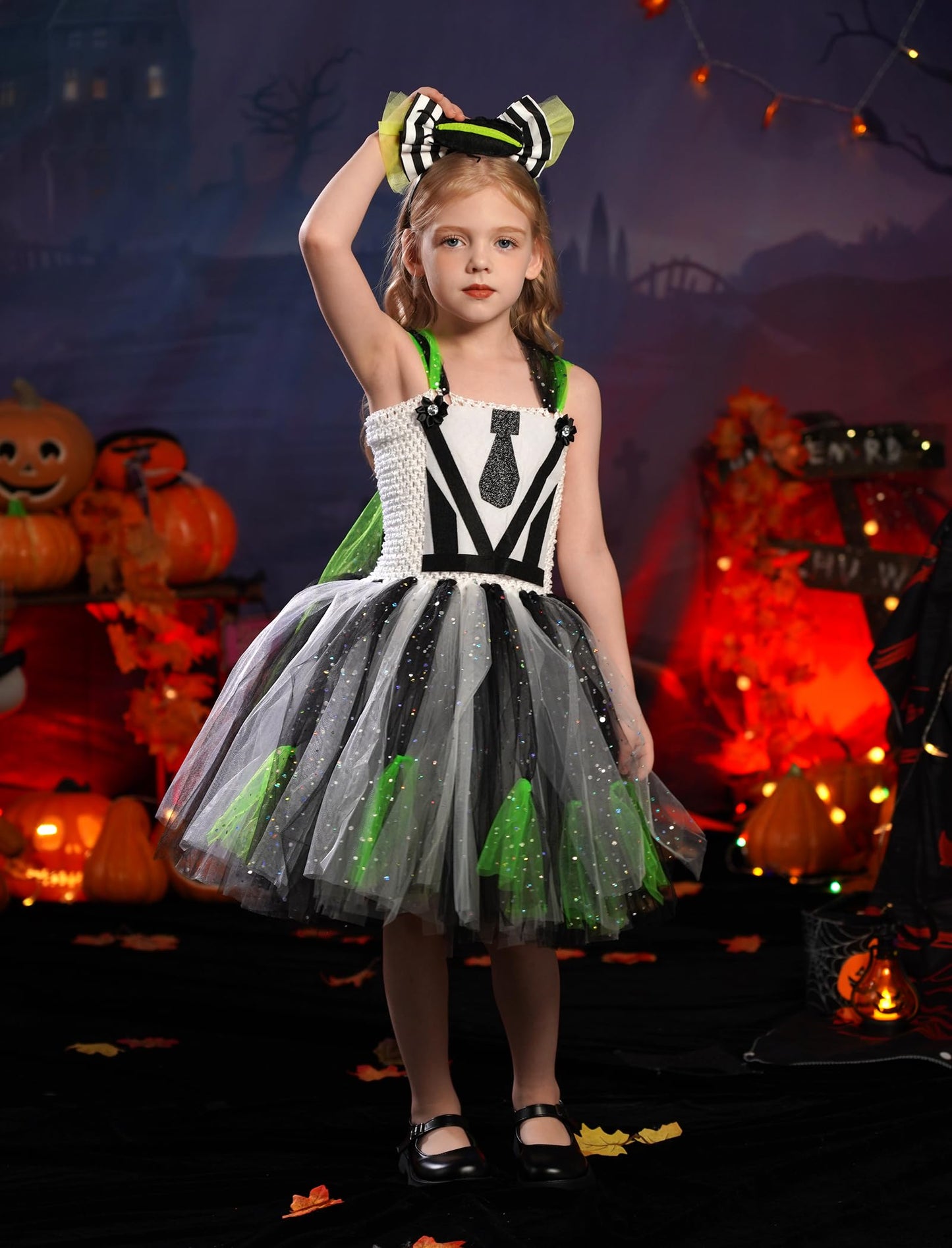 Obeeii Kids Girls Halloween Costume Black White Stripe Tulle Tutu Dress With Headband Set Carnival Fancy Dress Black White Strip