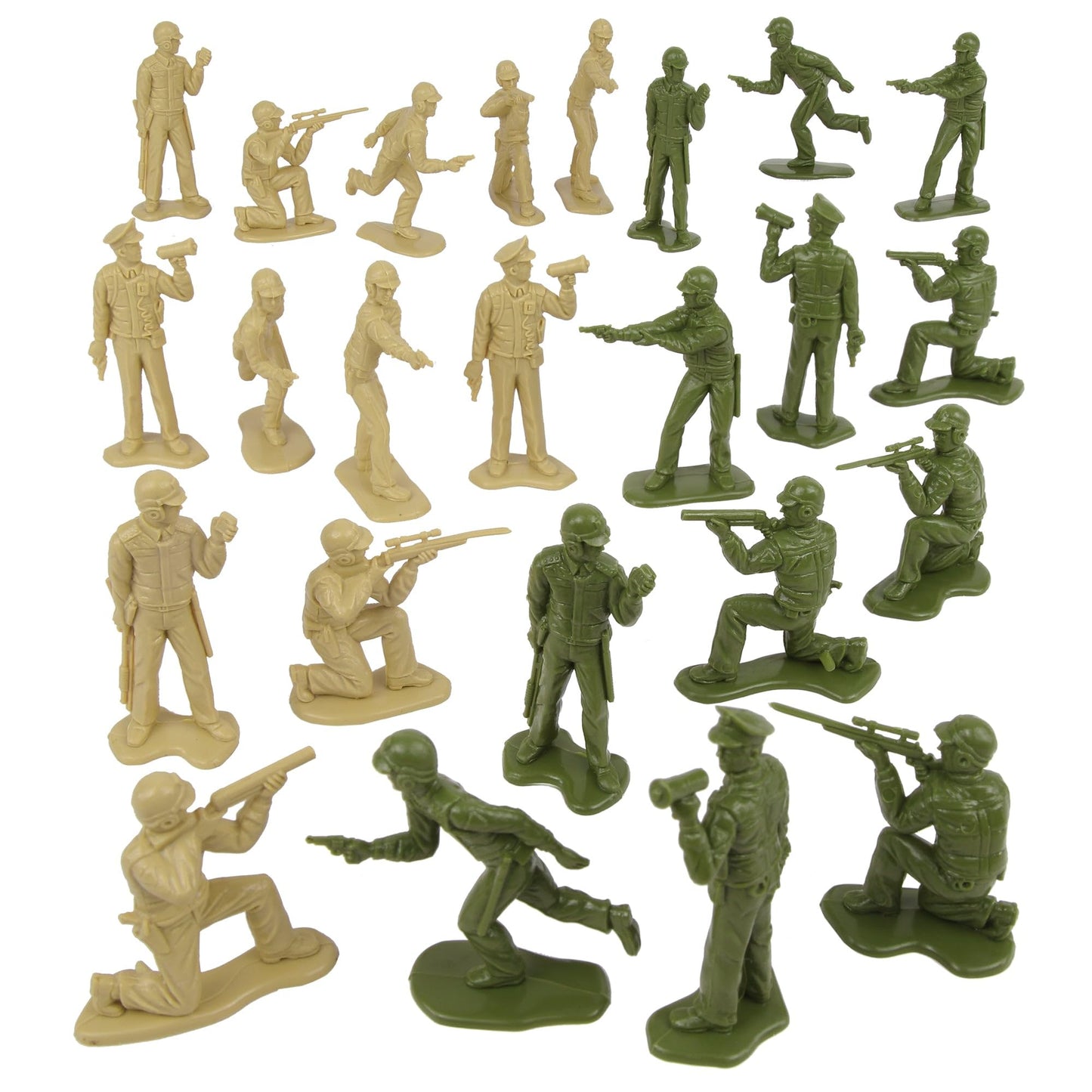 Tim Mee Toy SWAT Army Men - 24 Plastic Figures, Small Size, Tan & OD Green, Model TM-67850, US Made