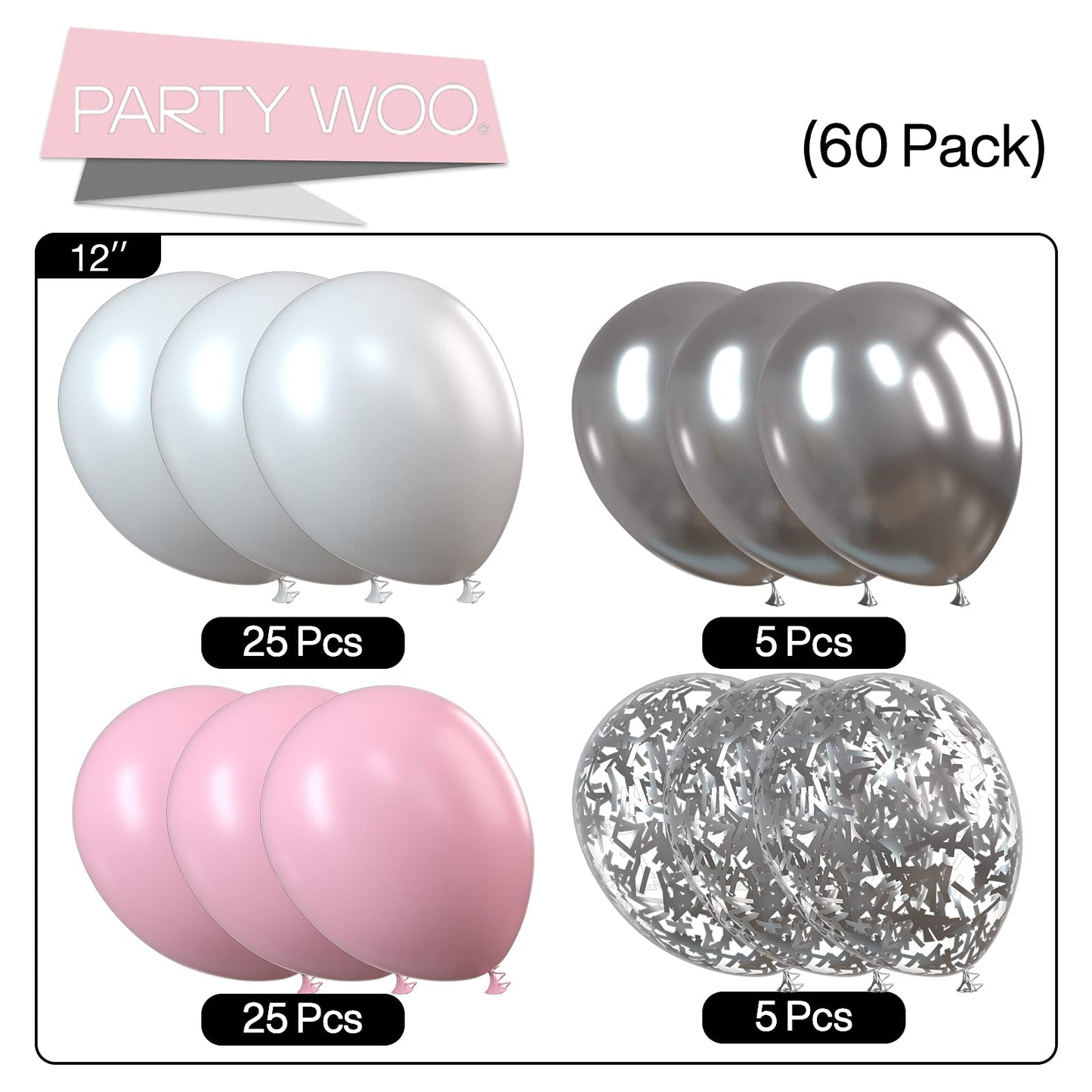 Partywoo Pink Balloons Set, 60 Pcs Pink And White Balloons, Silver Metallic Balloons, Silver Confetti Balloons, Party Balloons, Latex Balloons, Birthday Party Decorations, Pink Party Decorations