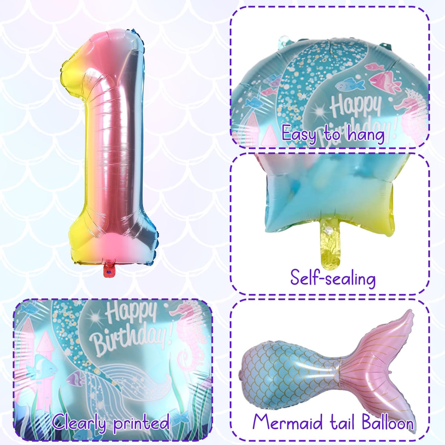Mermaid 1St Birthday Decorations, 8Pcs Mermaid Party Decorations Balloons, 40 Inch Rainbow Number 1 Balloon, Large Helium Foil Mermaid Tail Balloon, Seashell Balloons For Girls' 1St Birthday Party