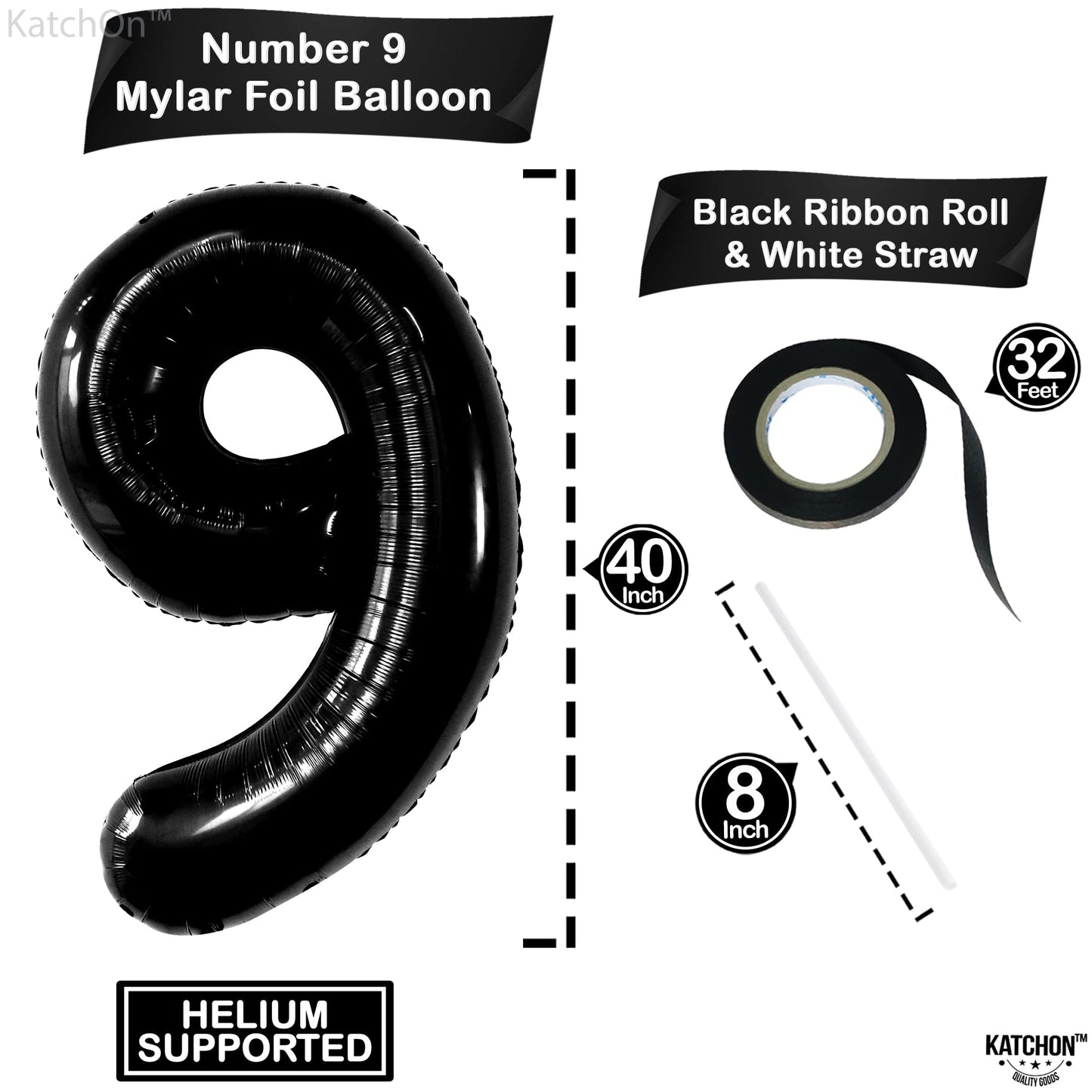 Katchon, Giant Black Number 9 Balloon - 40 Inch | Black 9 Balloon | 9Th Birthday Balloon For 9Th Birthday Decorations For Boys | 9 Year Old Balloon For 9 Years Birthday Decorations | 9 Number Balloon