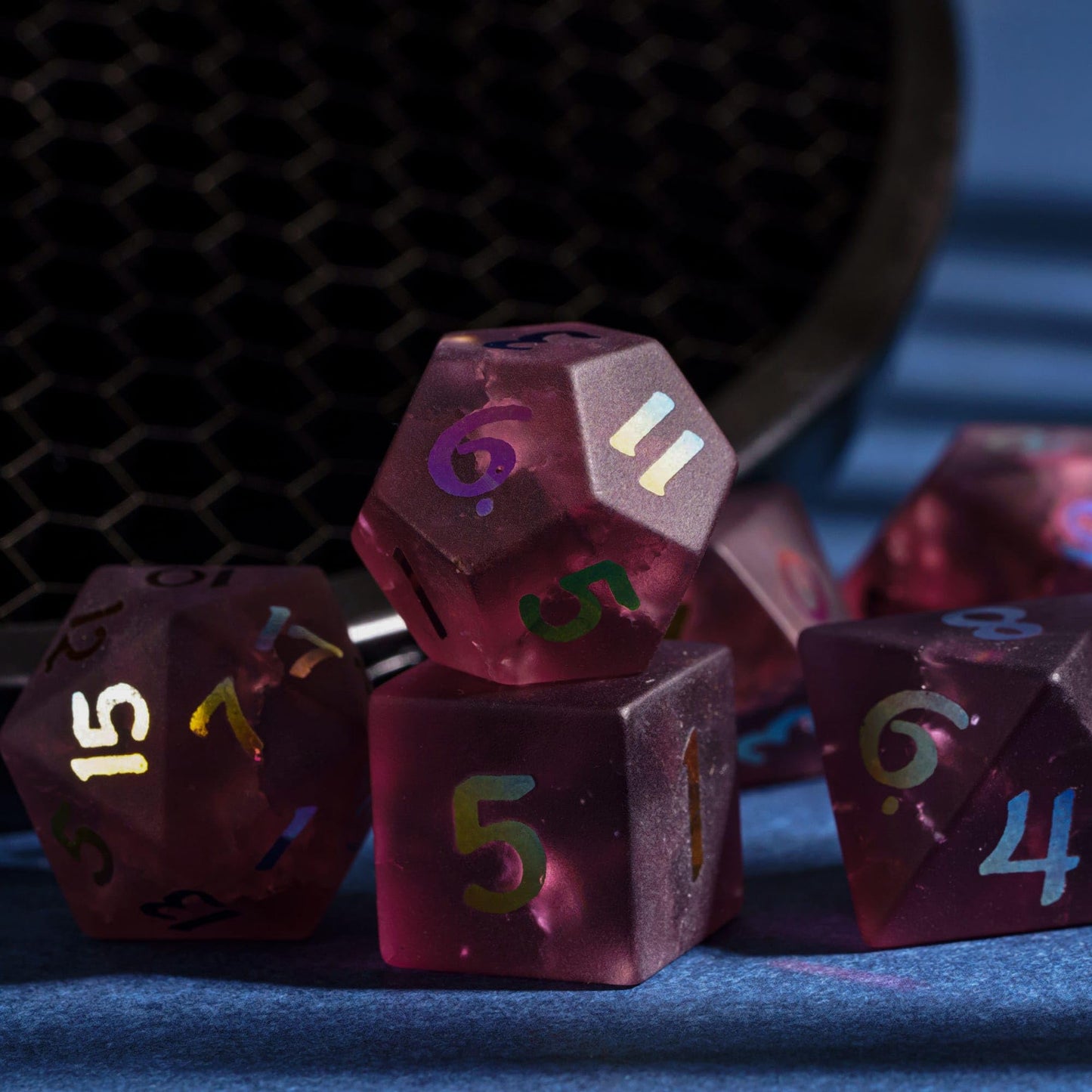 UDIXI Pink Cracked Glass DND Dice Set, 7PCS Glass Polyhedral Dice Set with Colorful Number for Dungeons and Dragon D&D Tabletop