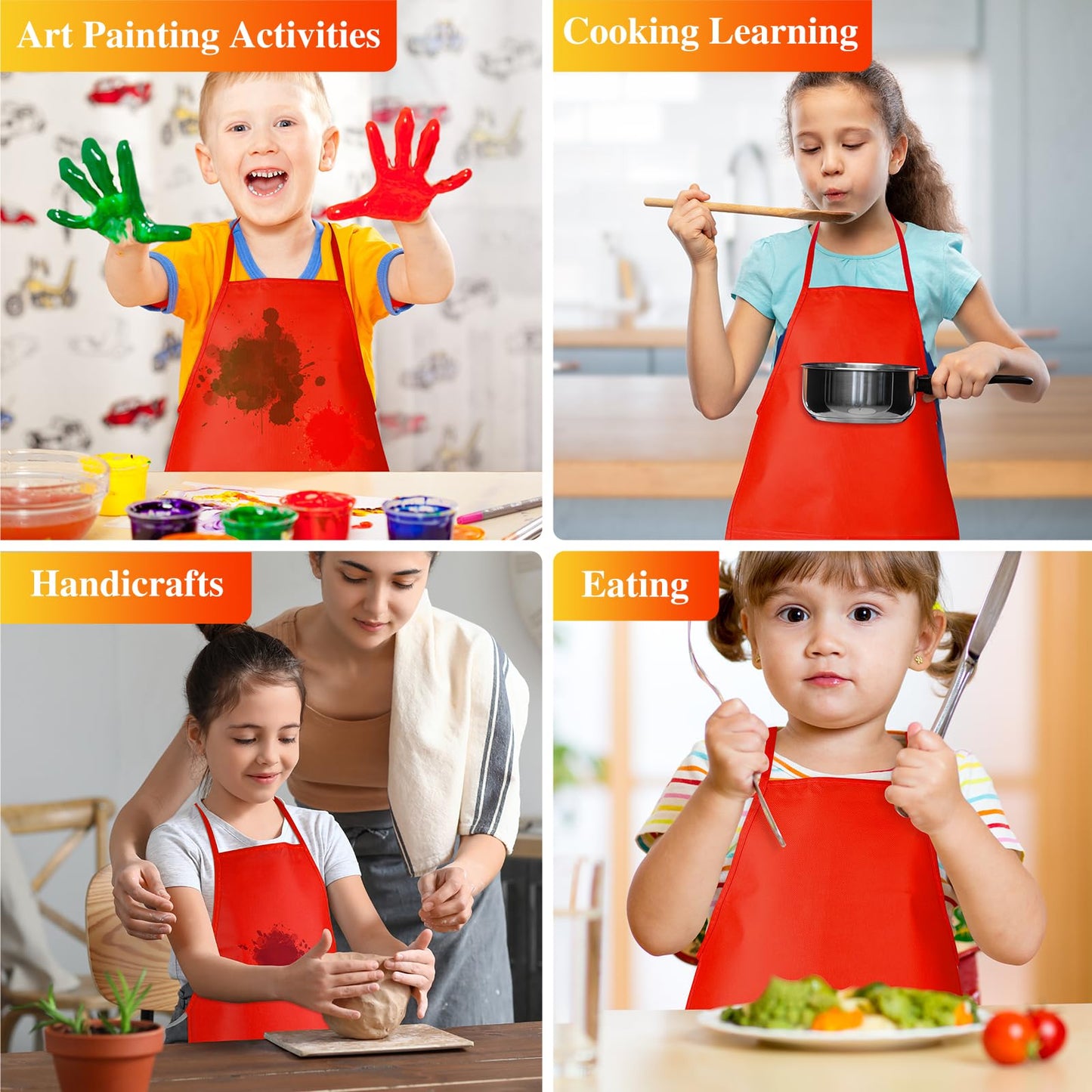 BOUBONI 24 Pieces Red Kids Painting Aprons Kids Art Aprons with 2 Roomy Pockets Kids Aprons for Art Painting Activity Kitchen Cr