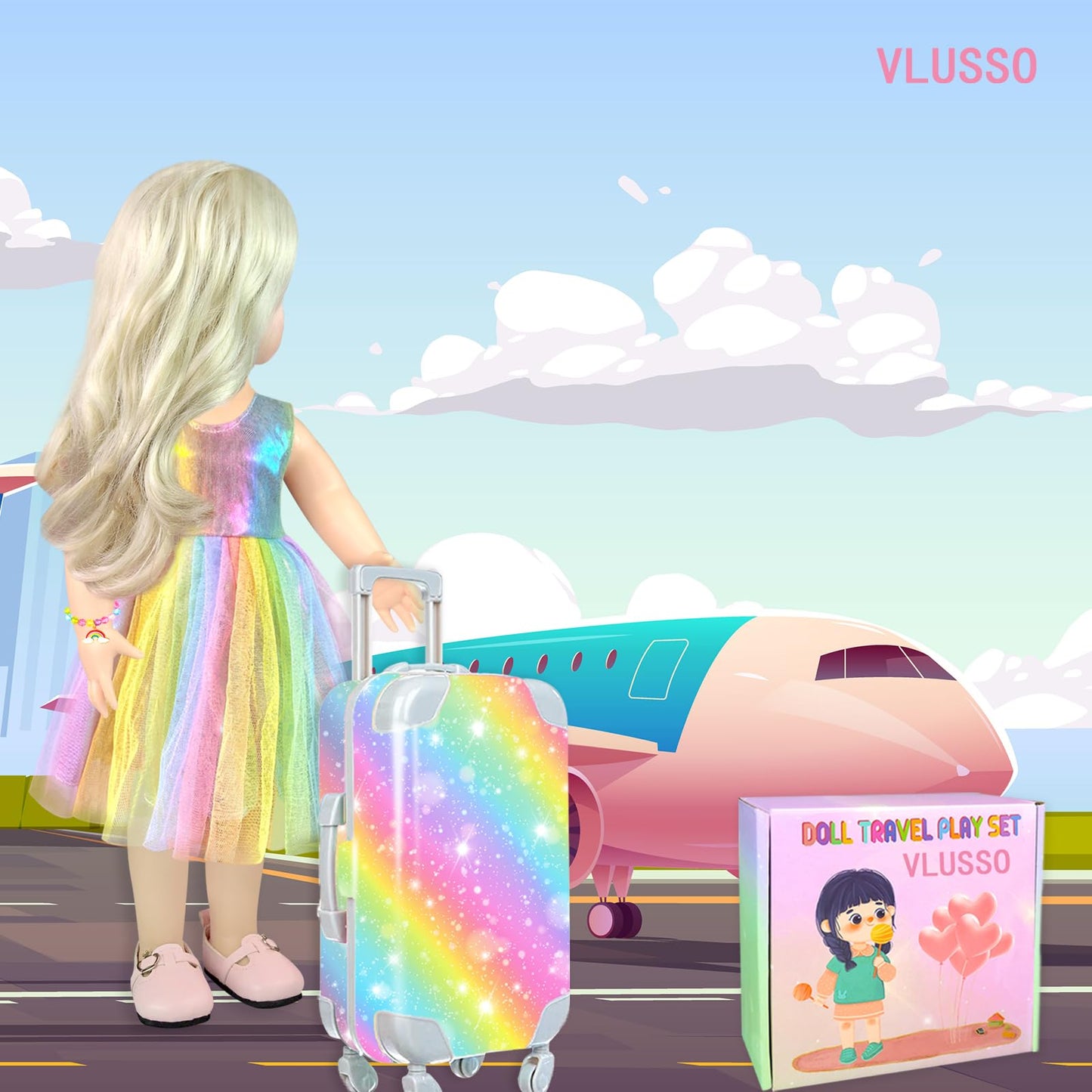 19Pcs 18 Inch Girl Doll Accessories Case Luggage Travel Play Set With Clothes, Camera, Travel Pillow, Bag, Dress, Glasses, Stuff For 18 Inch Doll - Christmas & Birthday Gift