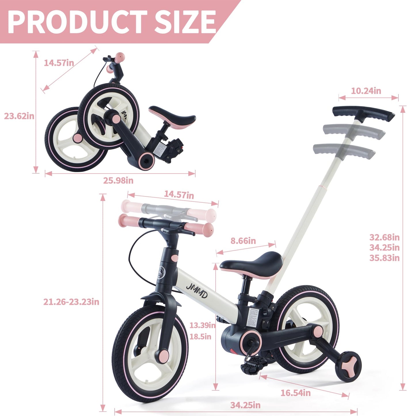 Jmmd Toddler Bike With Push Handle For Kids 18-60 Months, 6 In 1 Push Bike With Training Wheels & Pedals, Balance Bike For Boys And Girls With Brakes & Kickstand, Pink