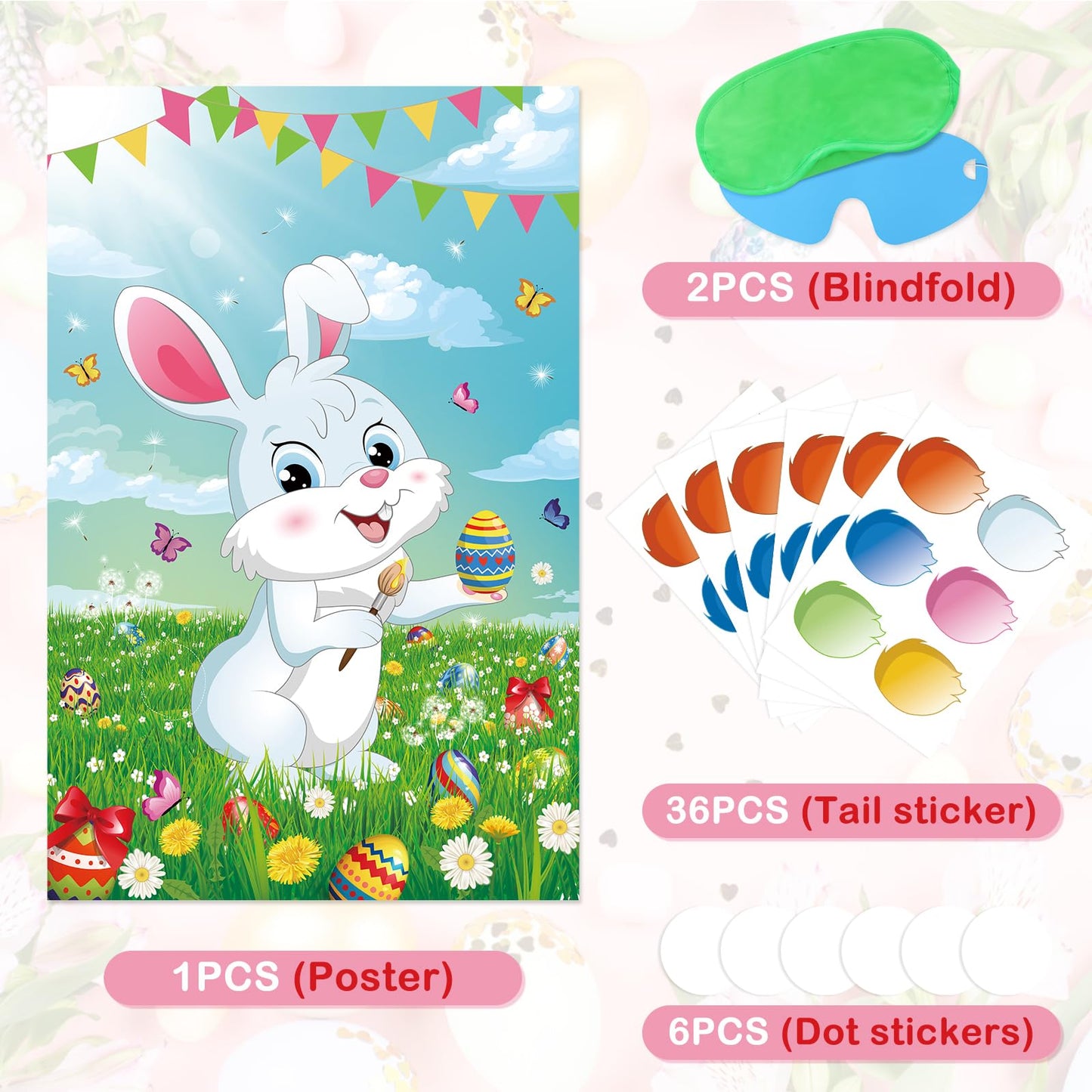 Pin The Tail On The Bunny Easter Games For Kids Easter Party Games Birthday Party Happy Easter Party Decoration Supplies Easter Egg Hunt Activities, Large Bunny Game Poster With 36 Tail Stickers