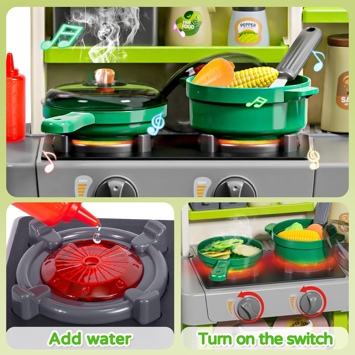 Letapapa Kids Pretend Play Kitchen Set, Kitchen Toys with Realistic Sound & Light, Cooking Stove, Sink, Play Food and Kitchen Ac