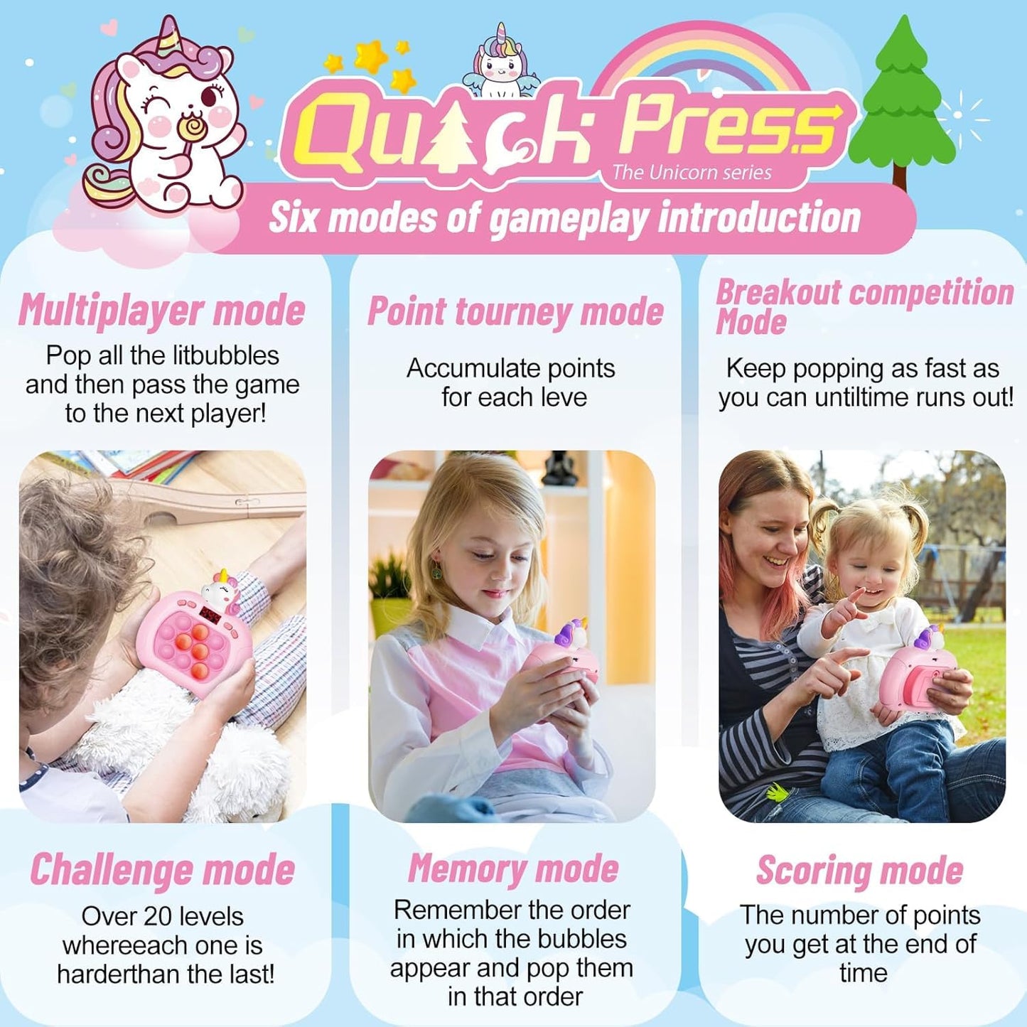 OCYGL Unicorn Pop Push Bubble Fidget Toy, Light-Up Handheld Console for Kids 3-12, Plastic Sensory Game, Ideal Unicorn Gifts for Toddlers