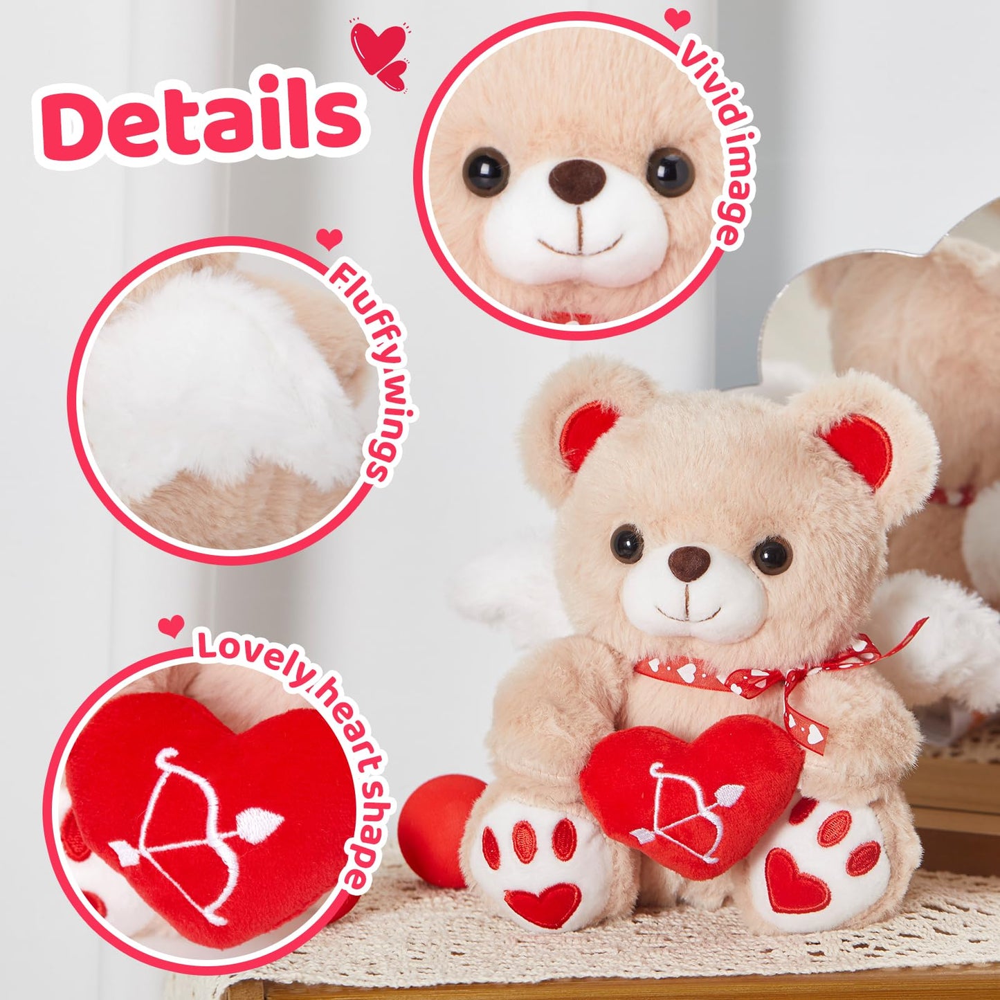 WEWILL 8'' Cute Valentines Teddy Bear Stuffed Animal with Love Heart Cupid Wings Love Bear Soft Plush Toy Valentines Birthday fo
