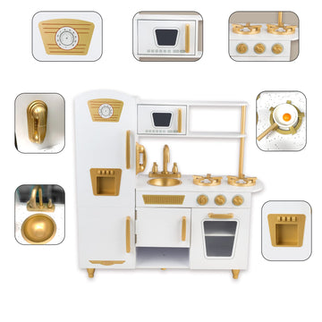 WoodenEdu Kitchen Playset for Kids Ages 3-8, Wooden Pretend Play Kitchen with Realistic Sounds, Including Telephone, Ice Maker,