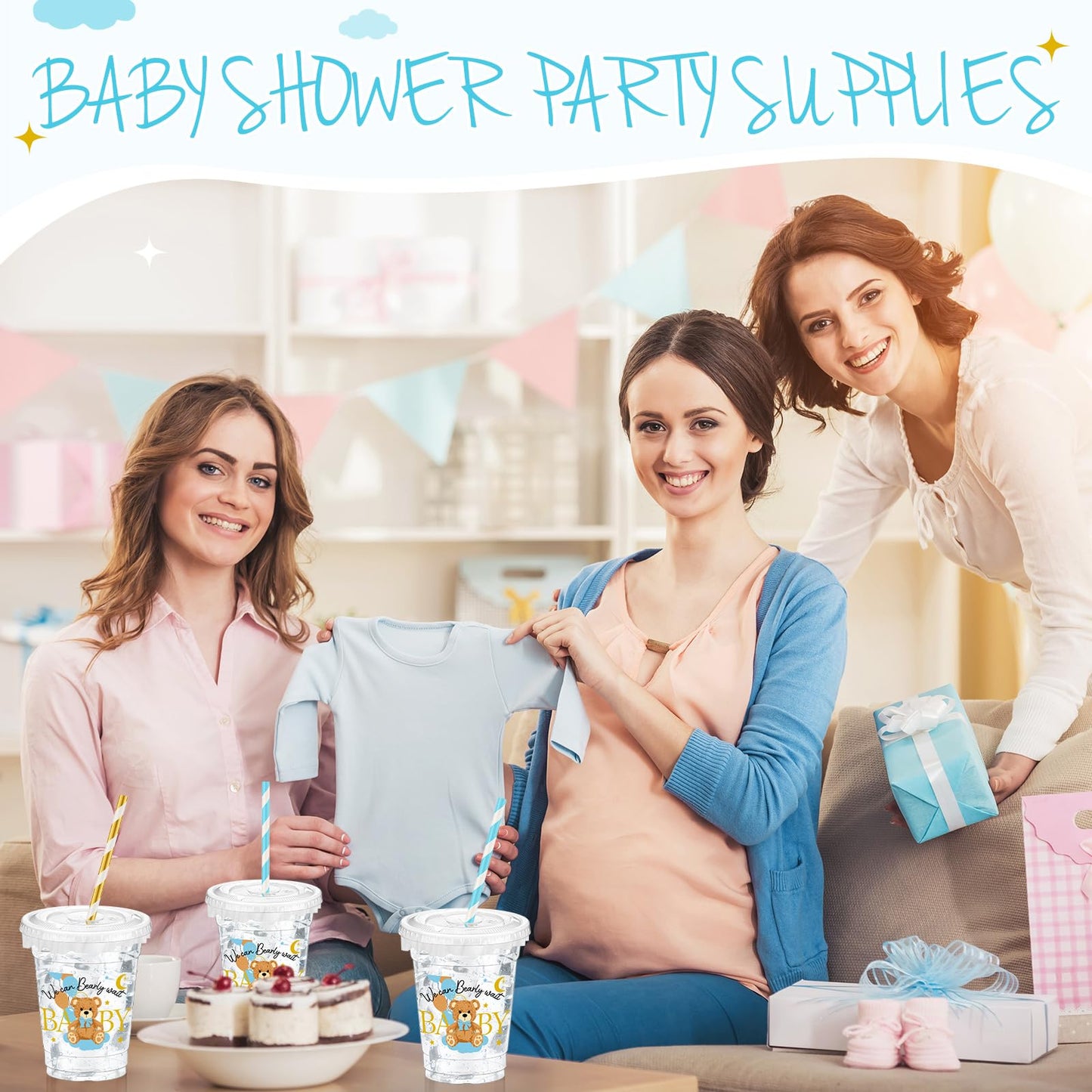 Foldtier 50 Pcs Baby Shower Party Disposable Plastic Cup 12 Oz Blue Bear Cups Thick Clear Cup Lids Straws Baby Shower Party Supp