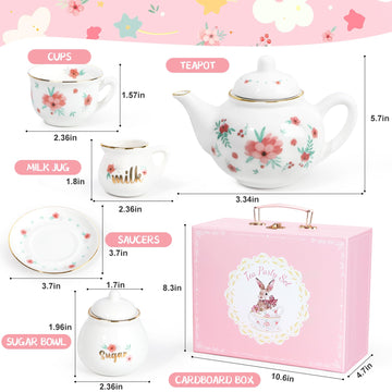 Porcelain Tea Set for Girls, Tea Party Set for Little Girls, Kids Tea Set Kitchen Pretend Play, Princess Tea Time Playset with T