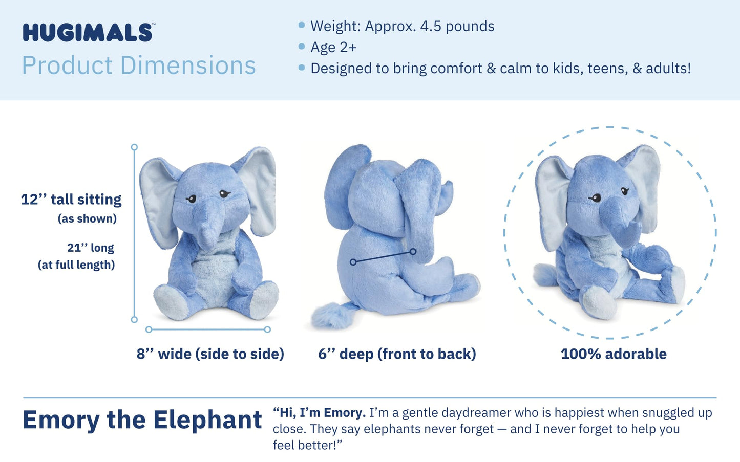 Hugimals 4.5 Lb Heavy Cute Weighted Comfort Plush Large Unscented Self Care Stuffed Animal For All Ages - Kids, Teens And Adults