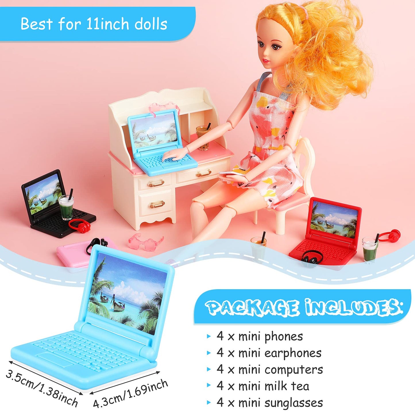 20 Pieces Dollhouse Accessories Doll Travel Accessories Mini Laptop Computer Phone Toy Miniature Glasses Headset Drink Toys Plas