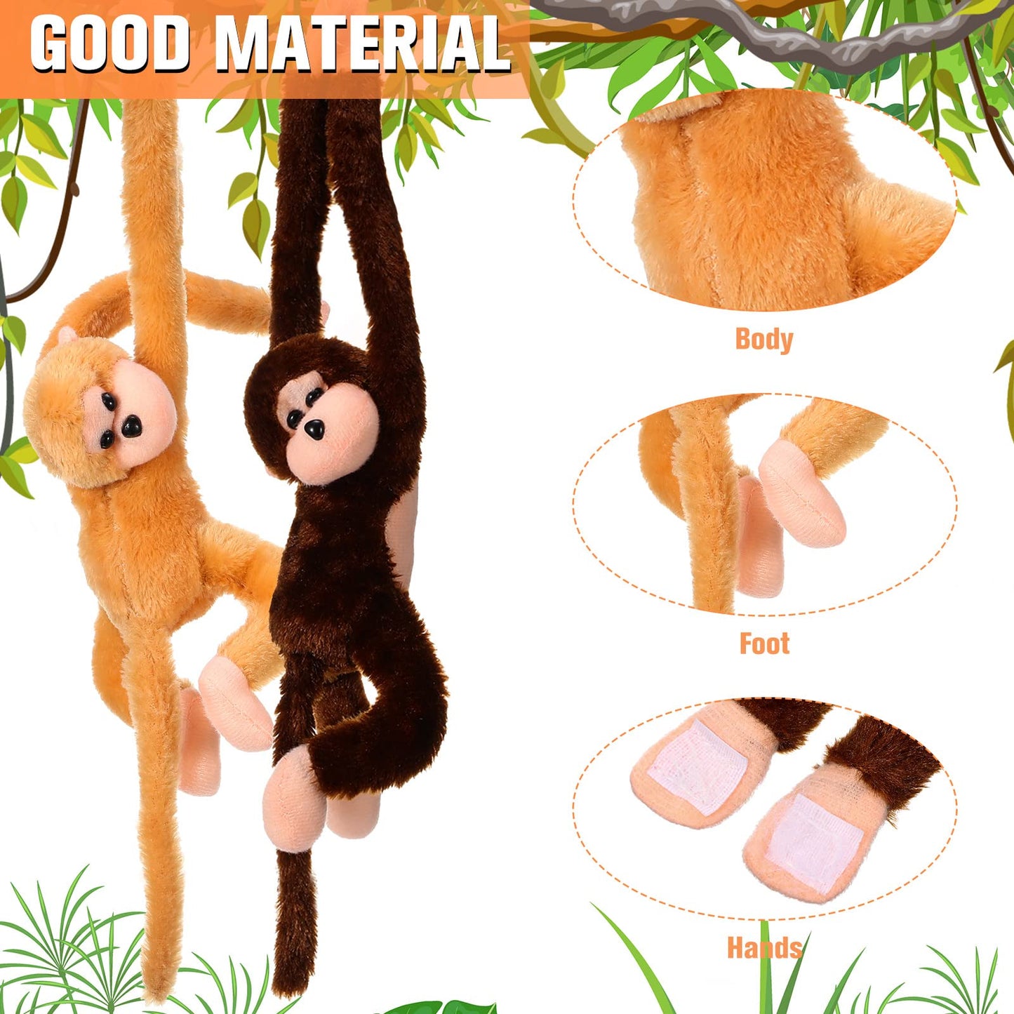 Chivao 2 Pcs Hanging Monkey Stuffed Animal, Hanging Monkey Plush With Hook And Loop Fasteners Hands Stuffed Toy For Birthday Party Favors Decorations, Brown And Khaki(20 Inch)