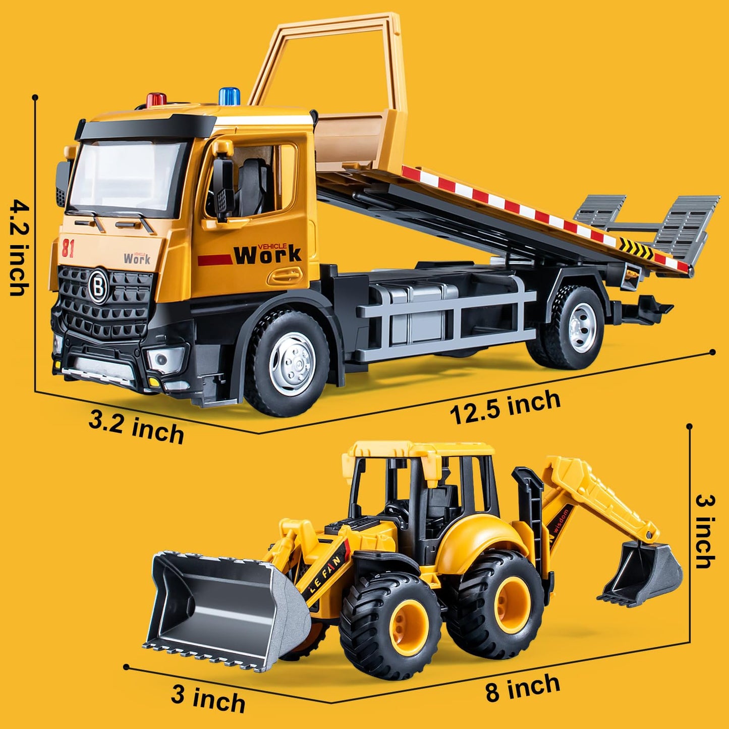 HAPYAD Tow Truck Toy Metal Cab, Flatbed Tow Truck Toys for Boys with Backhoe Loader, Friction Powered Transport Trailers with Li