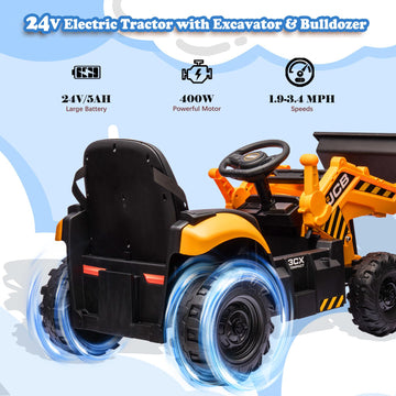 NEECHIPRO 24V Yellow Ride On Excavator for Kids 3-8 - Construction Electric Vehicle with Remote Control, Adjustable Speeds, Digging Arm