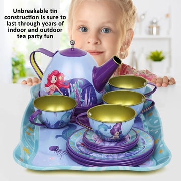 Tea Set For Little Girls Pretend Play Tin Tea Party Set Mermaid For Kids With Carrying Case (15 Pcs)