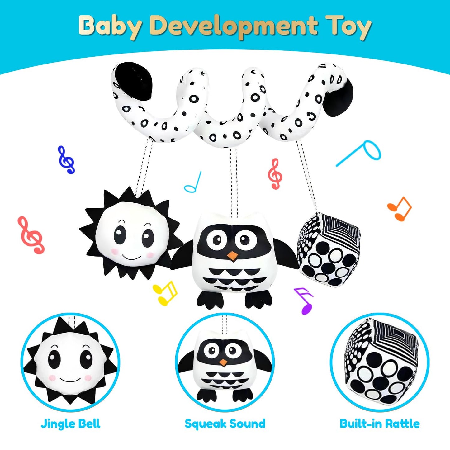 Ebrima Baby Spiral Activity Car Seat Toys, Black And White Baby Toys, High Contrast Baby Sensory Toys, Newborn Hanging Plush Str