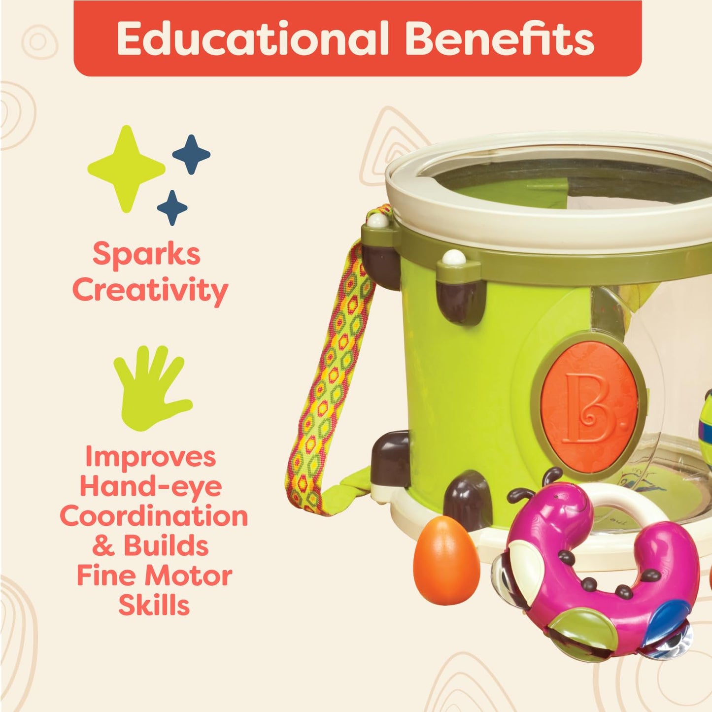 B. Toys – Musical Instruments For Kids – Portable Drum Set – Percussion Toys For Toddlers – Jingle Bell, Tambourine, Maraca & More – 18 Months + – Parum Pum Pum