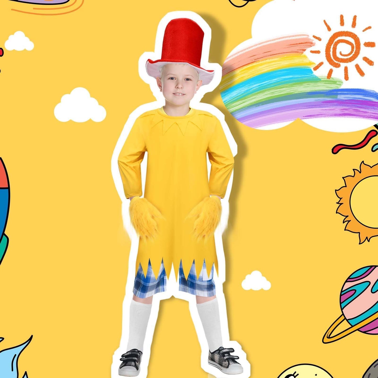 Jchrmers 4Pcs Funny Storybook Character Costume Yellow Clothing Red Top Hat Yellow Gloves For Reading Across America Day (S)