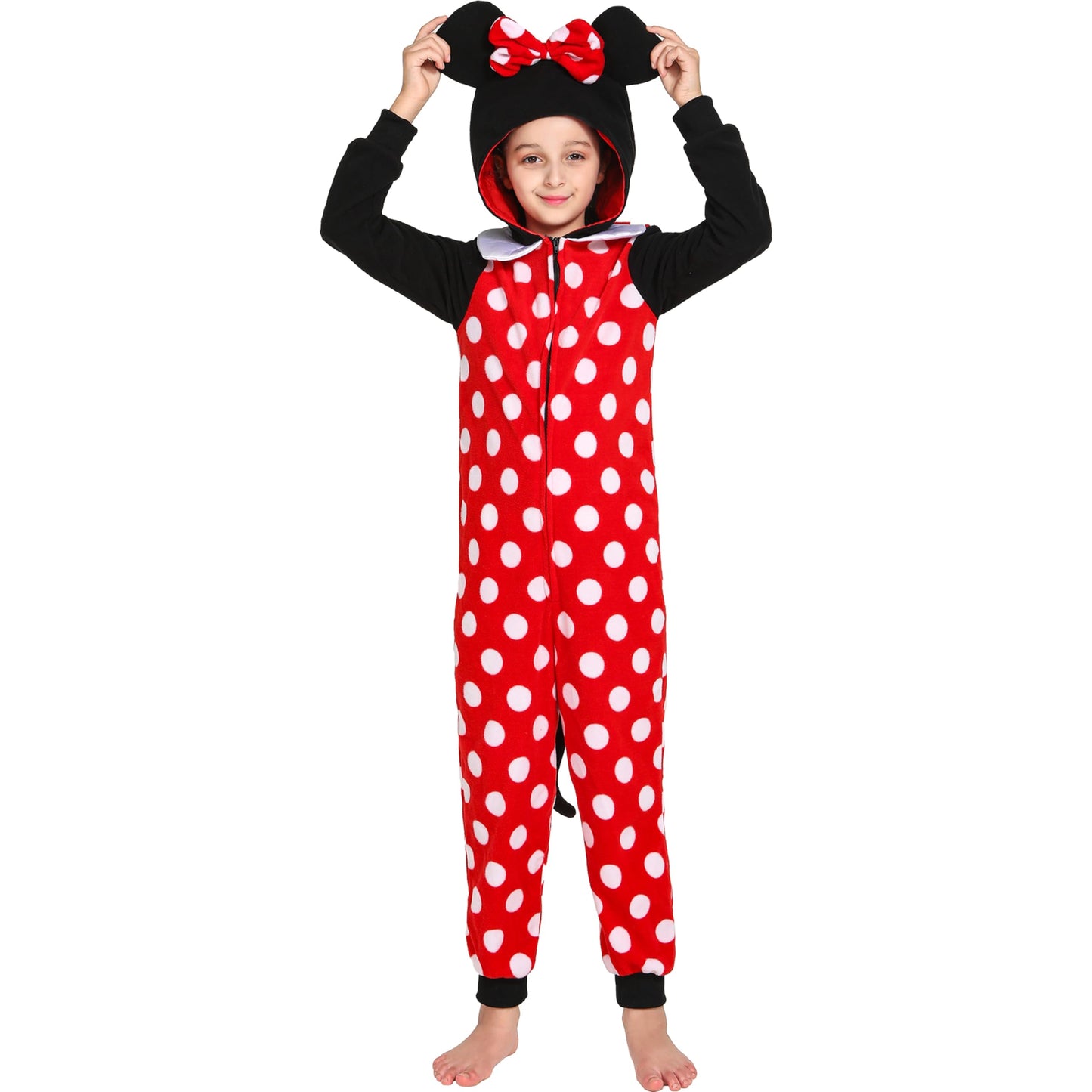 Rabtero Kids Hooded Animal Onesie Costume, Toddlers Mouse Costume, Unisex Red And White Polka Dot One Piece Pajamas, Halloween/Christmas/Carnival Cosplay Costume For Kids 8-10