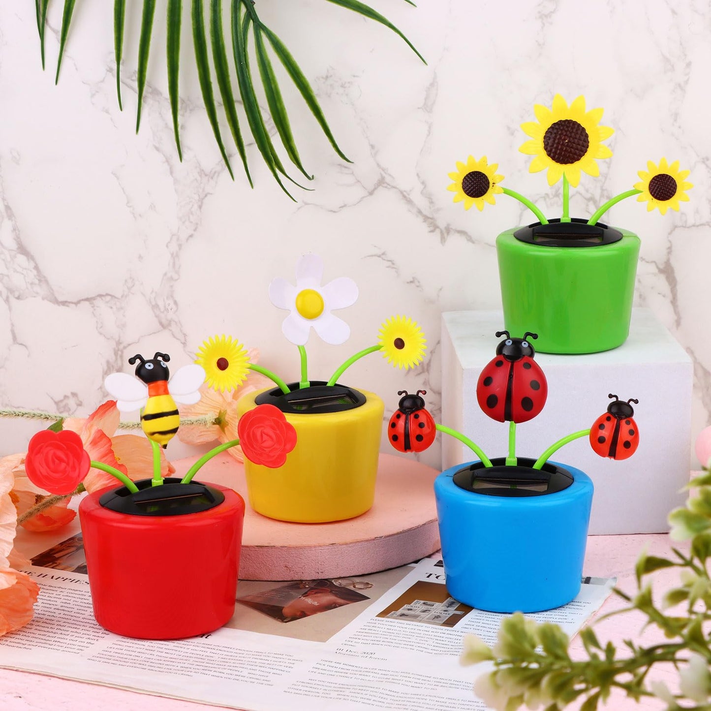 4 Solar Dancing Bee Toy Solar Powered Dancing Sun Flower In Colorful Pots Swinging Daisy Flip Flap Animated Bobblehead Dancer Window Rose Sun Catcher Car Dashboard Decor Portable Suncatchers