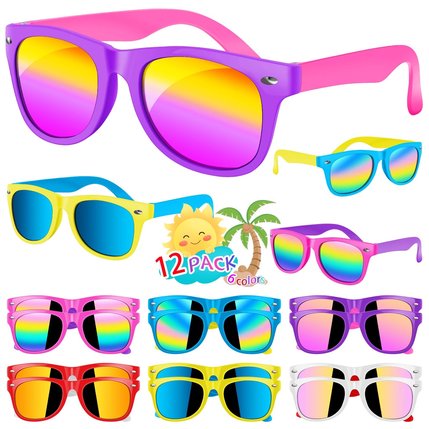 Kids Sunglasses Bulk, Kids Sunglasses Party Favor, 12 Pack Neon Party Sunglasses For Kids, Boys And Girls Age 3-8, Beach Pool Bi