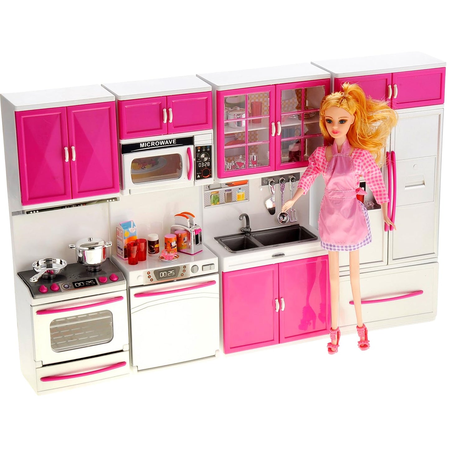 PowerTRC Doll Kitchen Play Set, Mini Modern Toy Pink Kitchen Pretend Furnitures Toy Set Accessories Set with Realistic Light & S