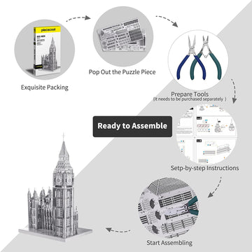 Piececool 3D Puzzles For Adults Metal Big Ben Model Kit, The Clock Tower London Architecture Building Kit, Stem Toys For Teens B