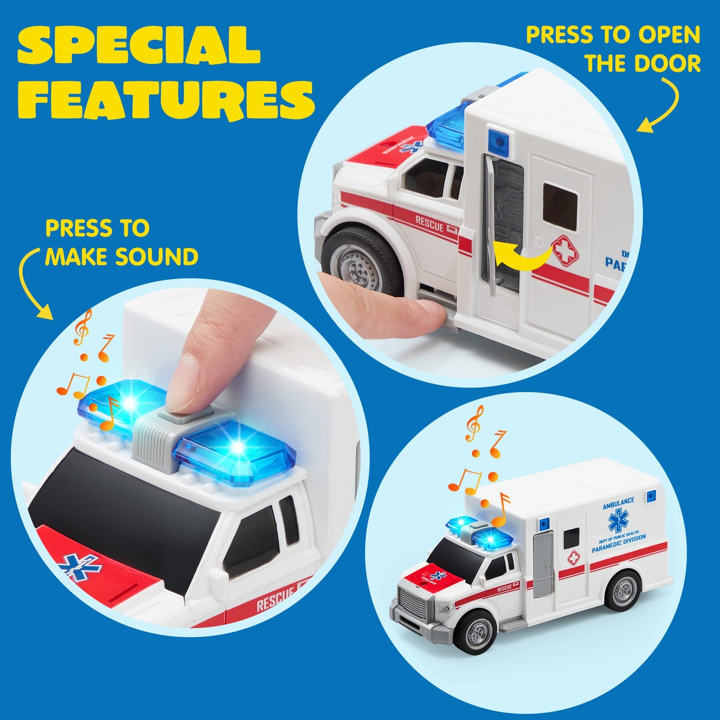JOYIN 4 Packs Emergency Vehicle Toy Playsets, Friction Powered Vehicles with Light and Sound, Including Fire Truck, Ambulance, P