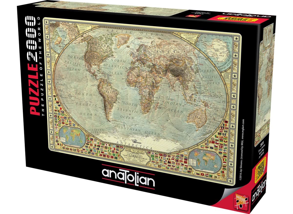 Anatolian 2000 Piece Jigsaw Puzzle - World Map, Model #3935, Brown Cardboard