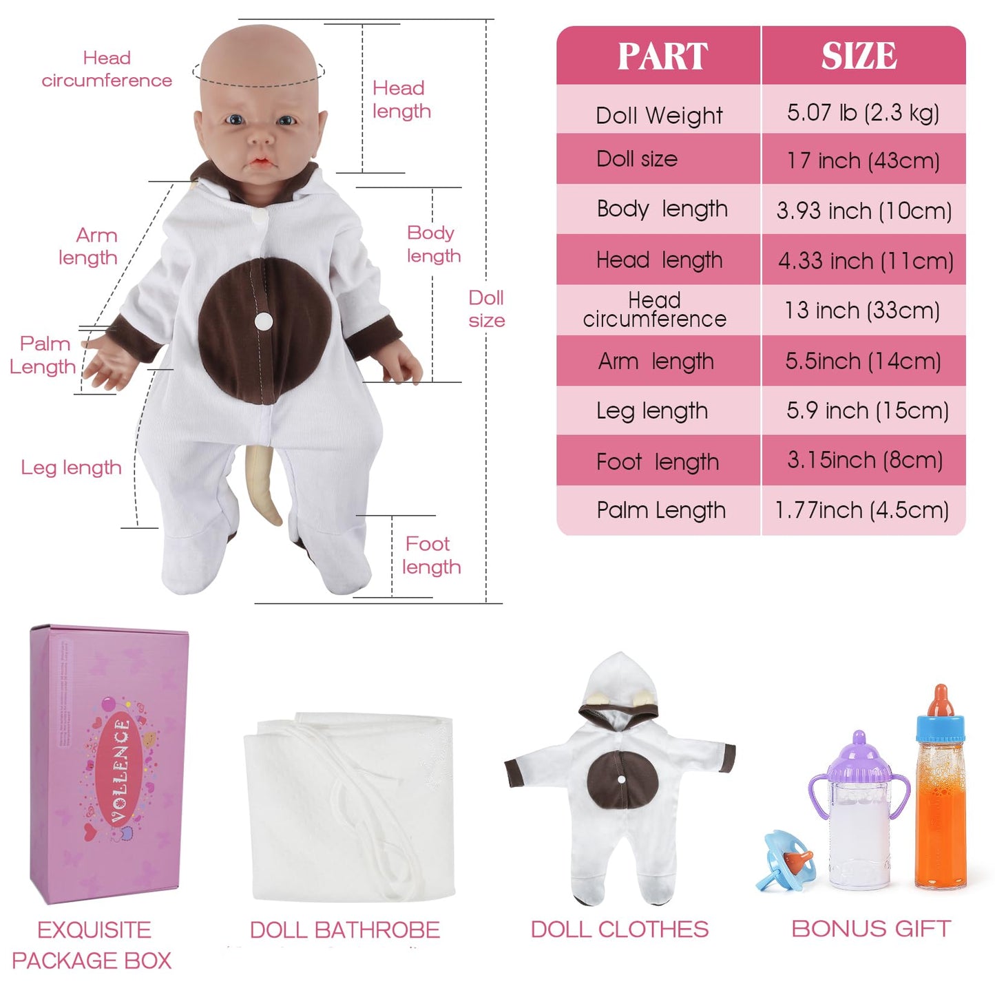 Vollence 17 Inch Full Silicone Baby Doll,Not Vinyl Material Dolls,Eyes Open Realistic Reborn Baby Doll,Real Baby Doll,Lifelike Baby Dolls - Girl