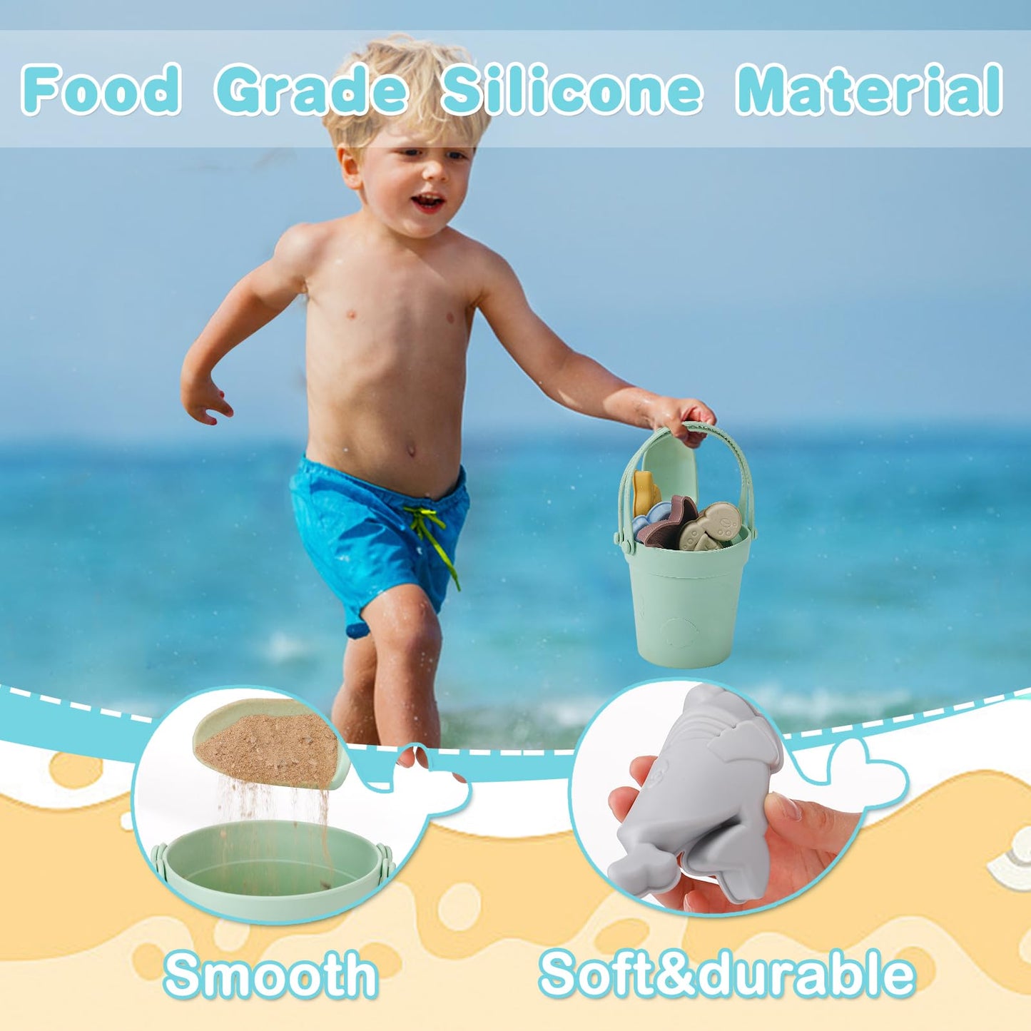 9Pcs Silicone Sand Toys for Baby with Portable Beach Bag - Kids Beach Set with Beach Toy Molds Shovel Bucket Set - Sand Toys Tod
