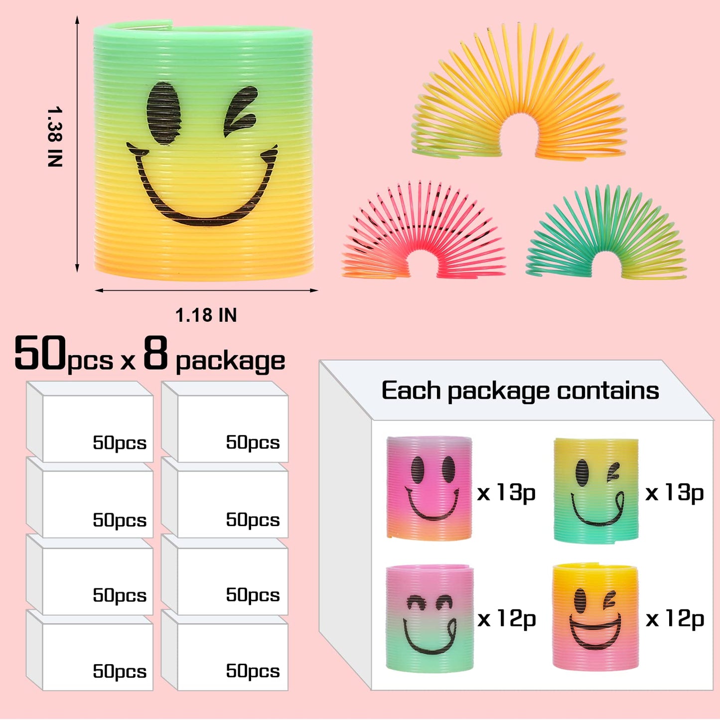 Azen 400 Pcs Mini Spring (4 Packsges) Party Favors For Kids 3-5 4-8, Goodie Bags Stuffers For Birthday Party, Classroom Prizes Kids Prizes Fidget Toys, Small Bulk Toys Gifts (4 Smile)