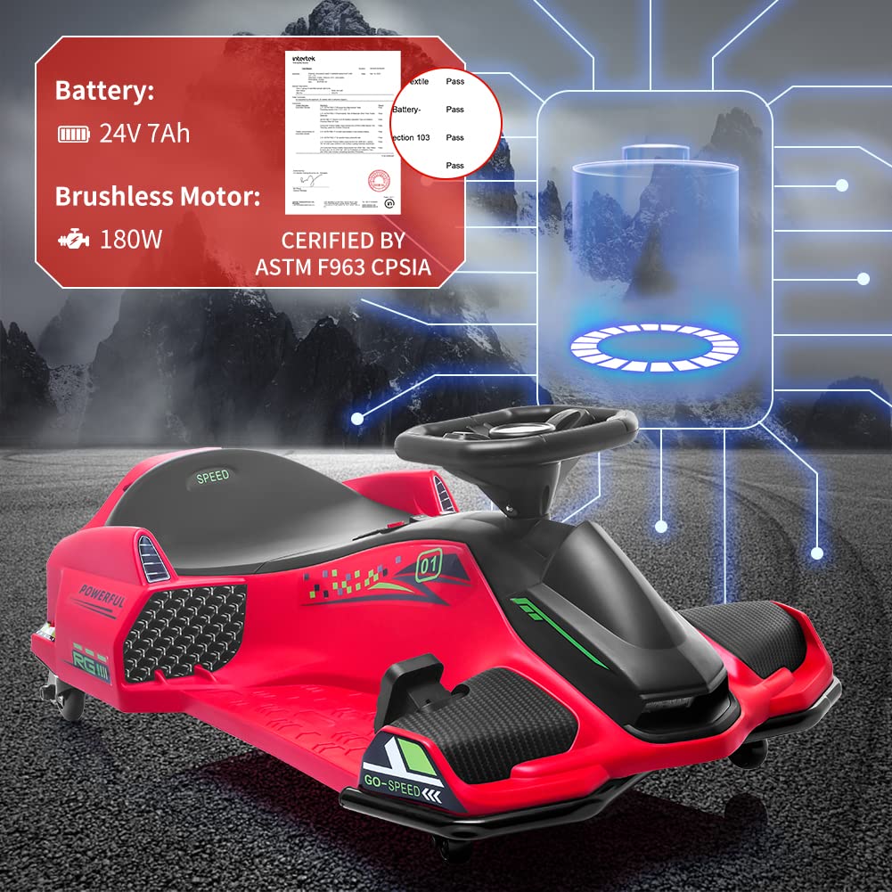 24V Kids Ride On Drift Car For Kids, Electric Drifting Go-Kart Up To 7.5 Mph Variable Speed, Built-In Music,Colorful Led Light,U