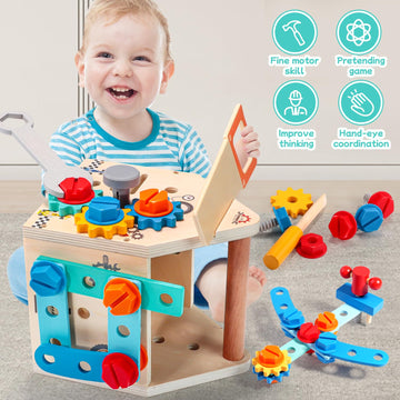 Montessori Toddler Tool Set - 33 PCS Wooden Kids Tools with Box / Bench, Montessori Educational Pretend Play Preschool Toys Gift