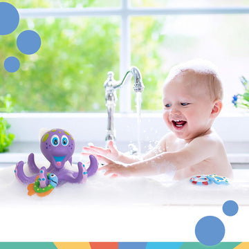 Nuby Floating Octopus Bath Toy Set - 4 Piece - Includes 3 Hoopla Rings - For Boys & Girls 18+ Months - Purple
