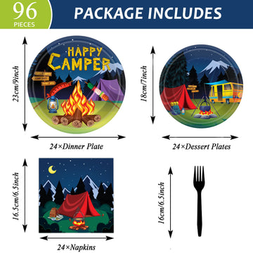 96 Pcs Camping Party Supplies Paper Plates Napkins Happy Camper Birthday Decorations Camping Adventure Party Tableware Set For B